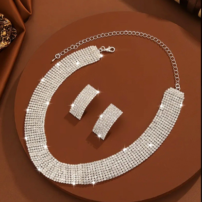 Silver tone sparkly Rhinestone Crystal Wide Choker Necklace &Earrings Set Bridal