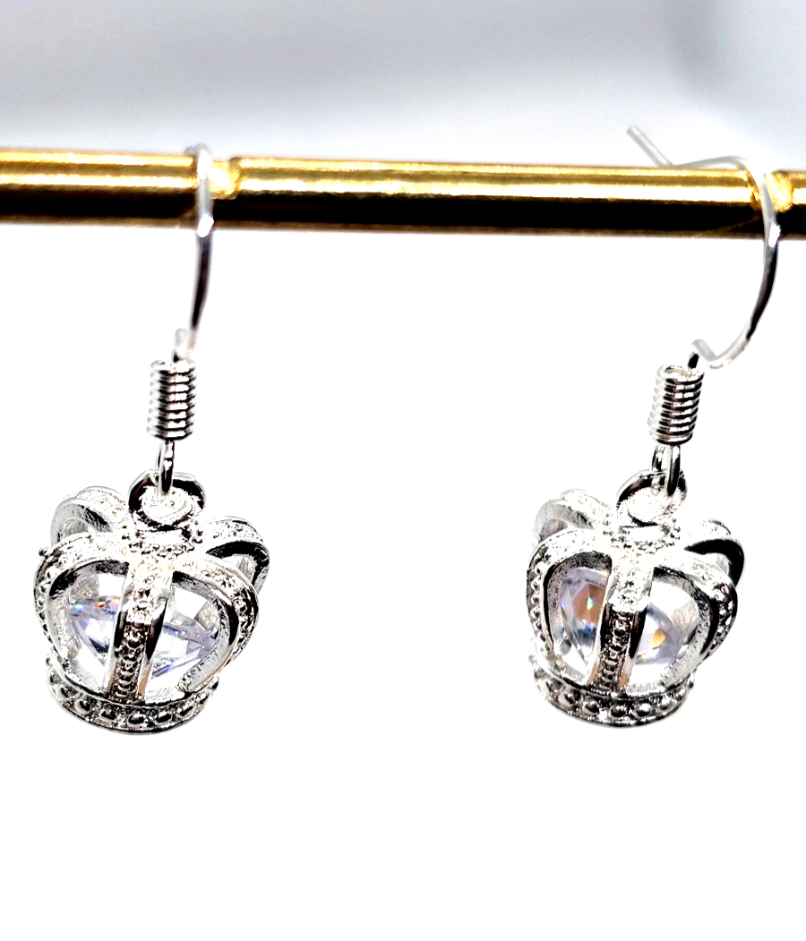 Silver Crown Drop Earrings • Sparkly Gemstone • Princess Style • Gift for Her