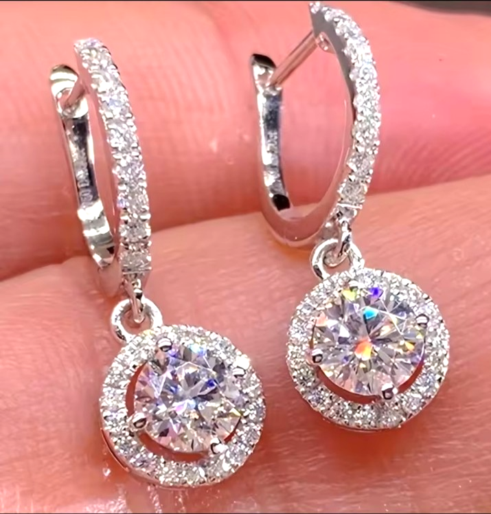 Silver Halo Drop Hoop Earrings Round Cubic Zirconia CZ Leverback Dangle Gift UK