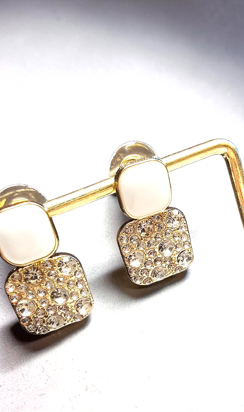 ​Gold Square Drop Earrings White Enamel Rhinestone Geometric Vintage Dangle Gift