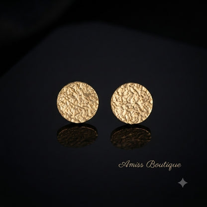 Gold Textured Round Stud Earrings Hammered Disc Circle Studs Womens Jewellery