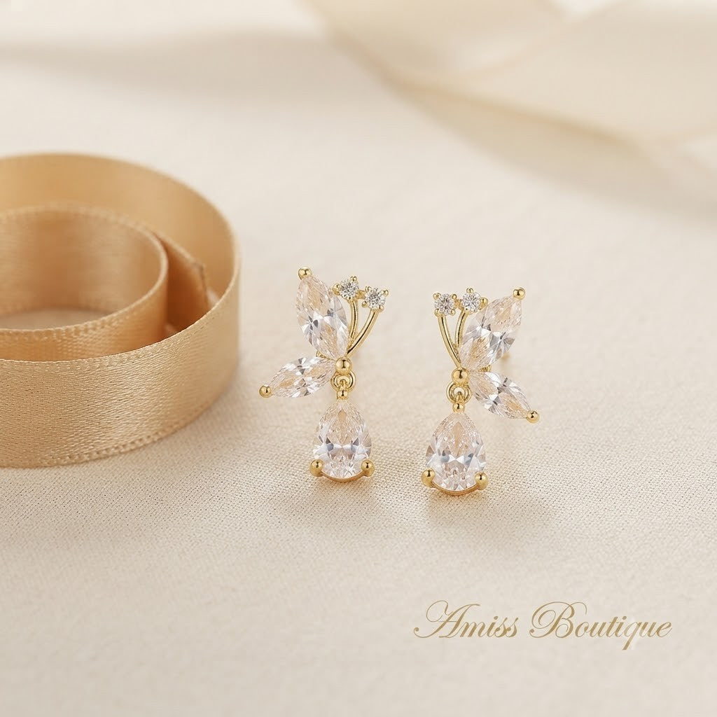 Crystal Butterfly Drop Earrings Gold Tone French Style Dangle Jewellery