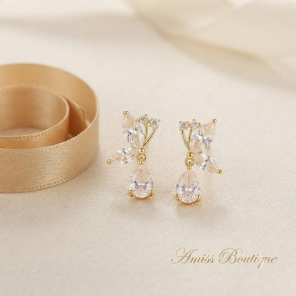 Crystal Butterfly Drop Earrings Gold Tone French Style Dangle Jewellery