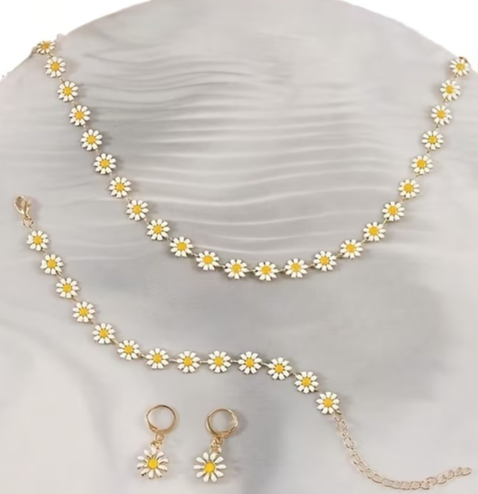 4PCS Daisy Jewellery Set Necklace Bracelet Earrings Floral Gold Tone Cute Boho G