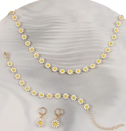 4PCS Daisy Jewellery Set Necklace Bracelet Earrings Floral Gold Tone Cute Boho G