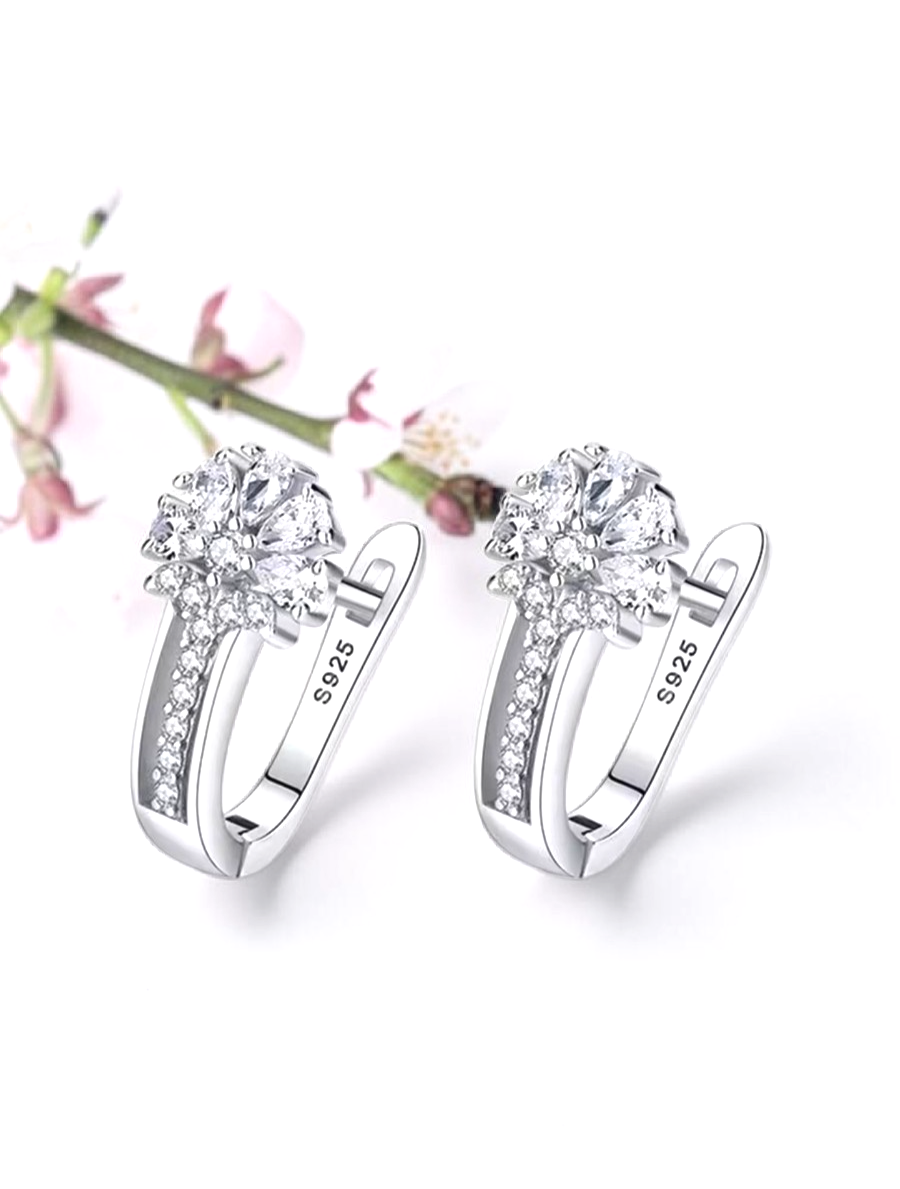 925 Sterling Silver Flower Hoop Earrings Cubic Zirconia Floral Dangle CZ Lever
