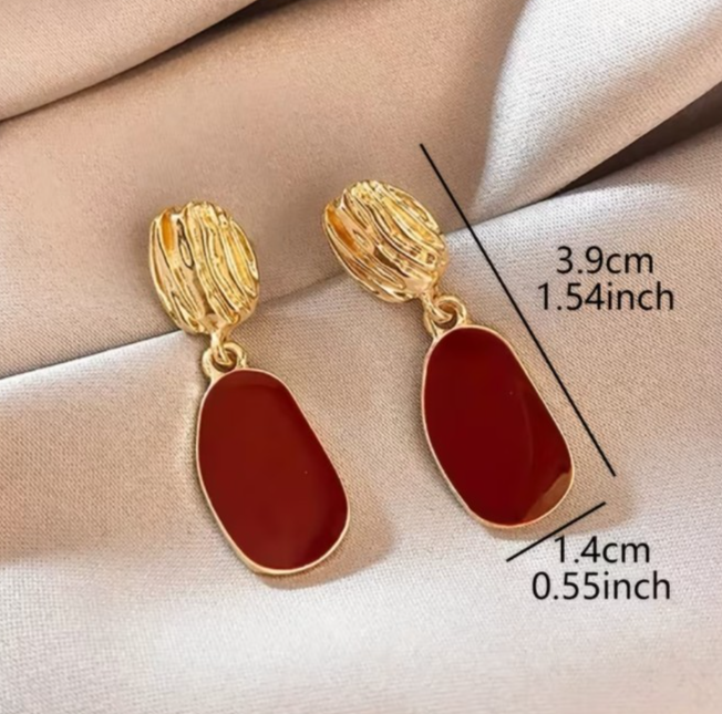 ​Gold Burgundy Red Drop Earrings Textured Enamel Geometric Retro Dangle Gift