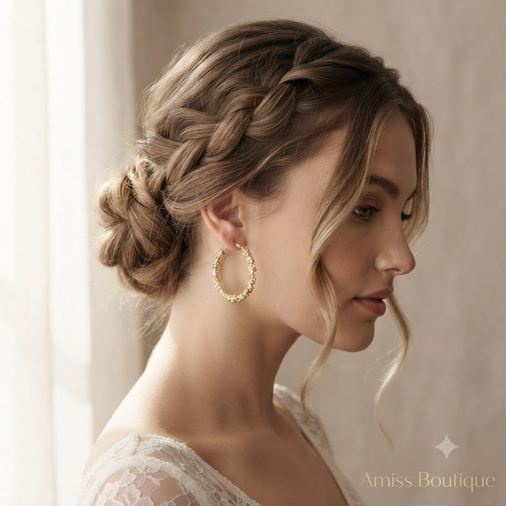 Gold Textured Hoop Earrings Chunky Statement Beaded Circle Jewellery
