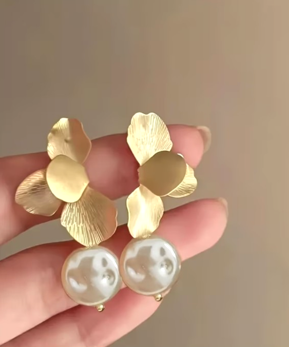 ​Gold Petal Drop Earrings Baroque Imitation Pearl Flower Dangle Vintage French