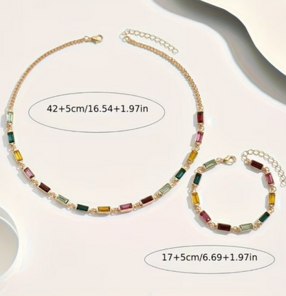 2Pcs Geometric Square Necklace Bracelet Set Colorful Rhinestone Summer Jewelry