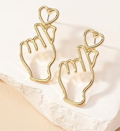 Korean Finger Heart Drop Earrings K-Pop K-Drama Gold Hollow Outline Studs
