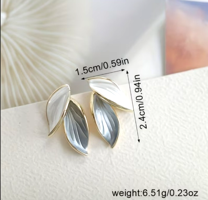 ​Gold Enamel Leaf Earrings Minimalist Contrasting Grey White Plant Studs Gift