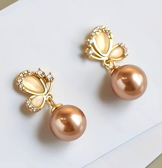 Gold Champagne Pearl Earrings Cute Sparkling Crystal Butterfly Drop Dangle Gift