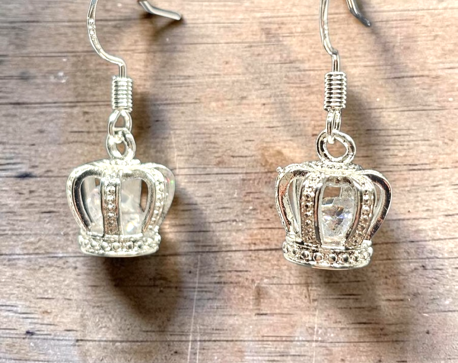 Silver Crown Drop Earrings • Sparkly Gemstone • Princess Style • Gift for Her