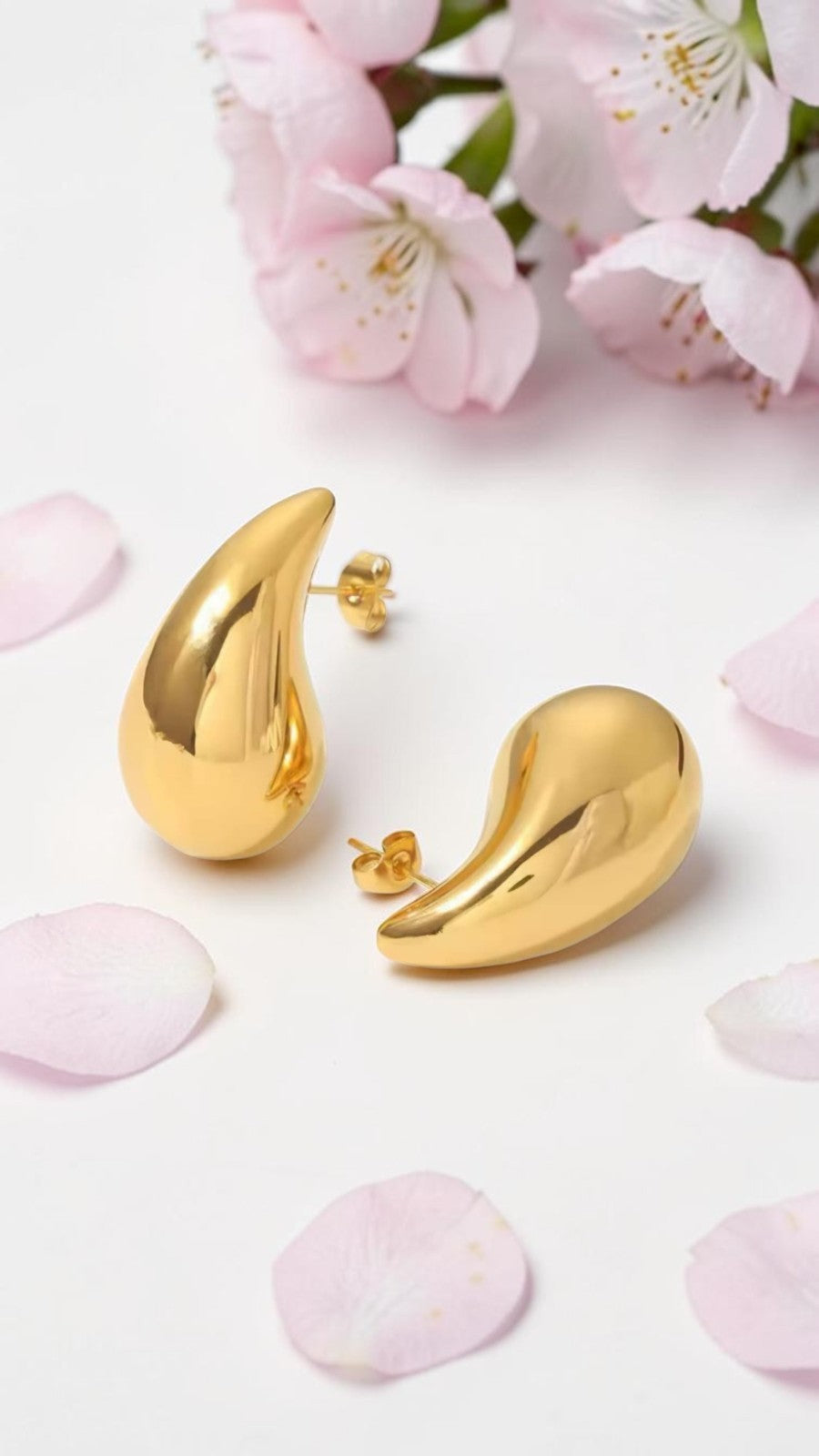 ​18K Gold Plated Stainless Steel Teardrop Earrings Chunky Vintage Stud 27 mm