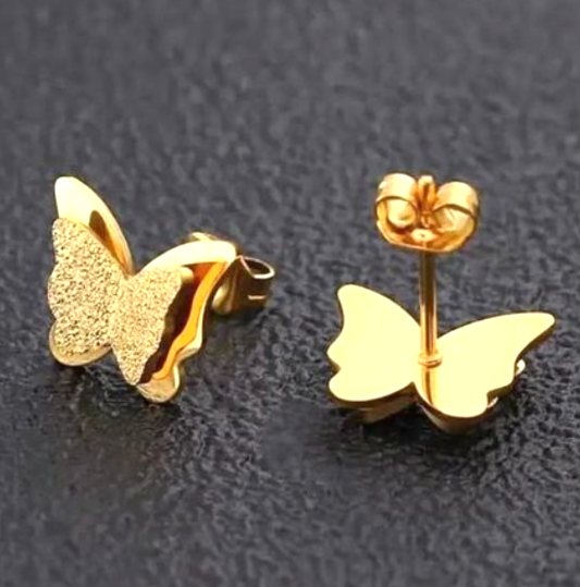 Gold Plated Stainless Steel Butterfly Stud Earrings Layered Frosted Glitter UK