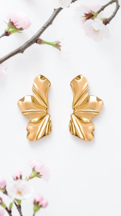 ​Gold Abstract Statement Stud Earrings Wavy Liquid Metal Large Textured Flower