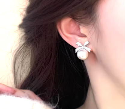 Silver Bow Pearl Earrings Rhinestone Crystal Ribbon Studs Wedding Bridal Gift