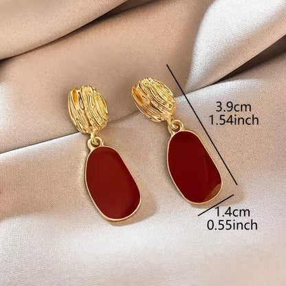 Gold Tone and Red Enamel Drop Earrings – Textured Statement Dangle Jewellery
