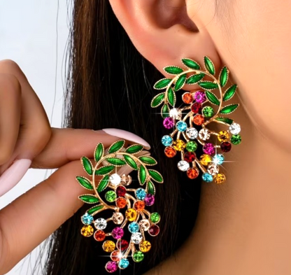 Gold Multi Colour Cluster Earrings Crystal Mori Leaf Drop Boho Festival Gift