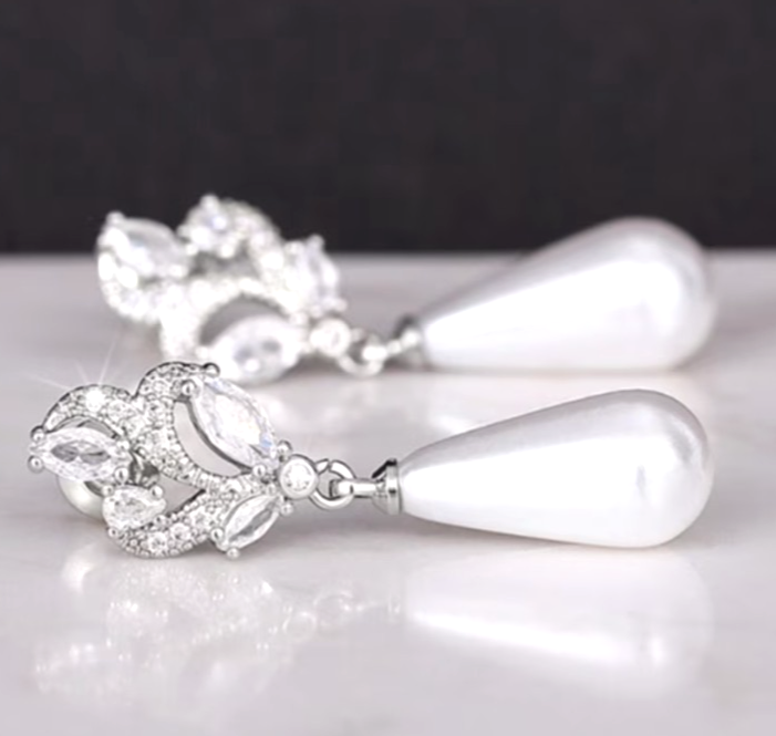 ​Silver Pearl Drop Earrings Bridal Crystal Marquise Flower Wedding Teardrop Gift