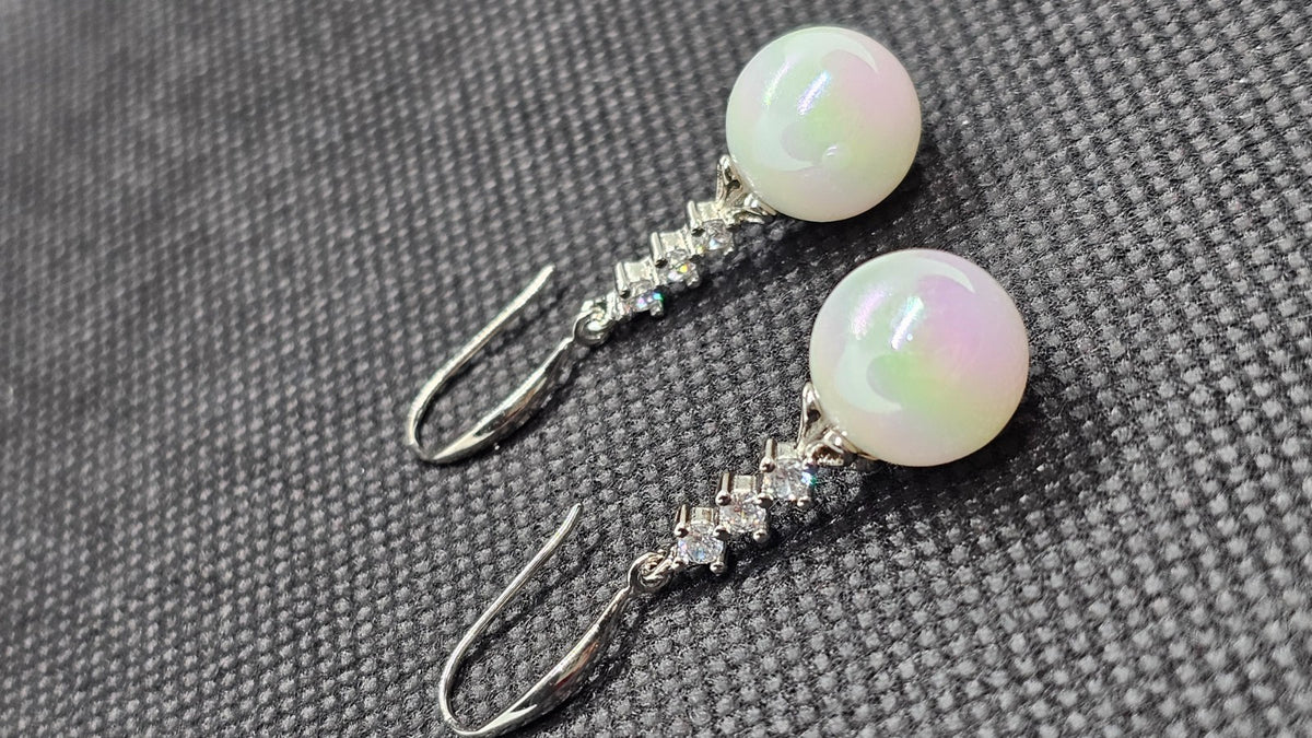 Silver Crystal Dangle White Pearl Drop Earrings Bridal Wedding Elegant Jewelry