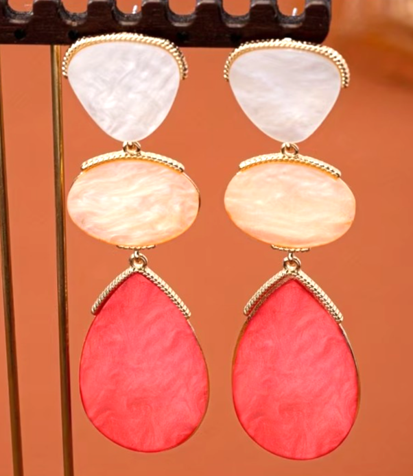 Gold Pastel Pink Pastel Drop Earrings Geometric Tiered Resin Dangle Statement UK