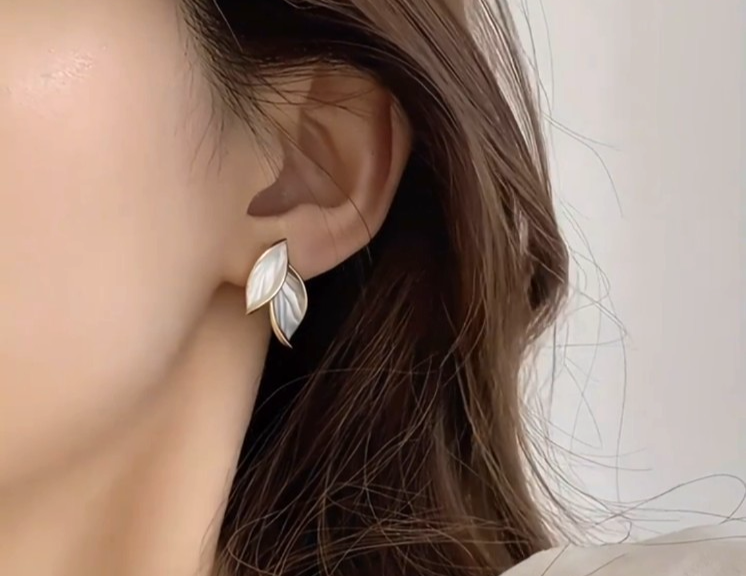 ​Gold Enamel Leaf Earrings Minimalist Contrasting Grey White Plant Studs Gift