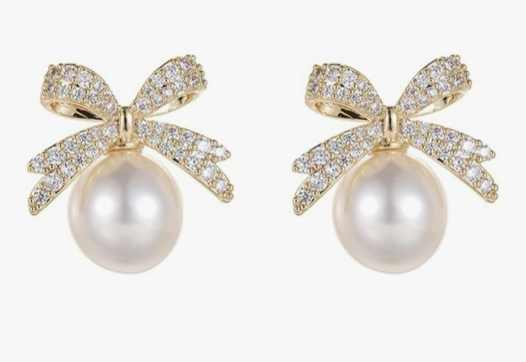 ​Gold Ribbon Bow Stud Earrings Pearl Drop Cubic Zirconia Dainty Coquette Gift