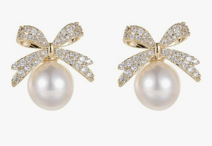 ​Gold Ribbon Bow Stud Earrings Pearl Drop Cubic Zirconia Dainty Coquette Gift