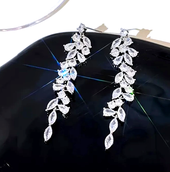 Silver Tone Crystal Leaf Drop Earrings Long Dangle Bridal Wedding Prom Diamante