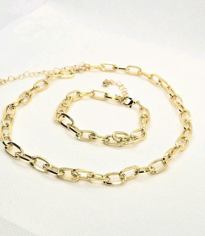 ​Gold Chunky Chain Necklace Bracelet Set Oval Link Choker Matching Jewelry Gift