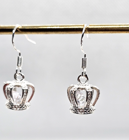 Silver Crown Drop Earrings • Sparkly Gemstone • Princess Style • Gift for Her