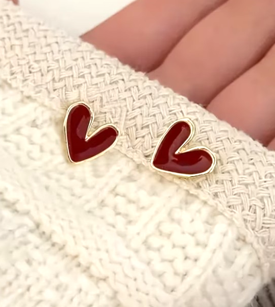 Gold Deep Red Heart Stud Earrings Vintage Boho Dainty Burgundy Minimalist Gift