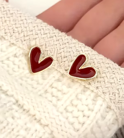 Gold Deep Red Heart Stud Earrings Vintage Boho Dainty Burgundy Minimalist Gift
