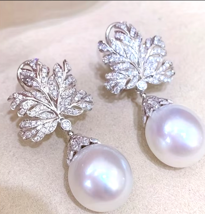 Fan Leaf Drop Earrings Imitation Pearl CZ Micro Pave Silver Tone Women Gift Brid