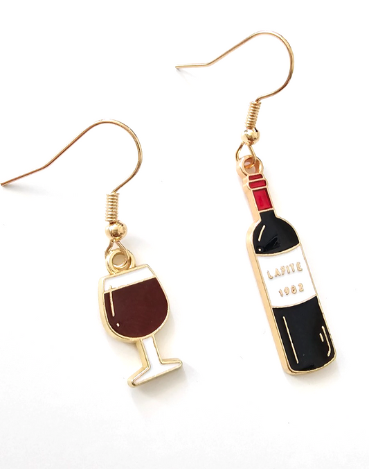 Wine Bottle & Glass Dangle Earrings Gold Tone Novelty Drink Lover Cute Gift