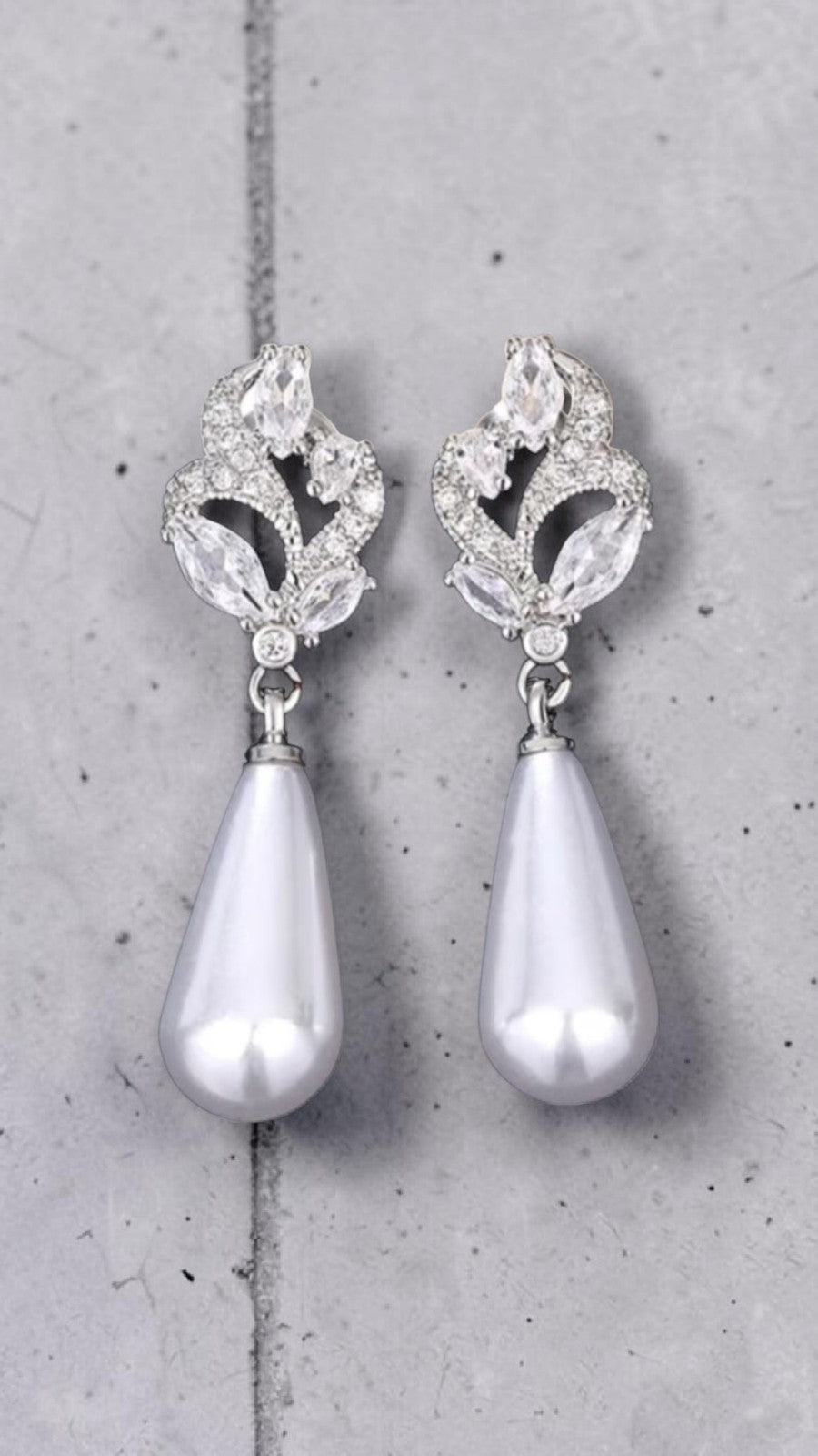 ​Silver Pearl Drop Earrings Bridal Crystal Marquise Flower Wedding Teardrop Gift