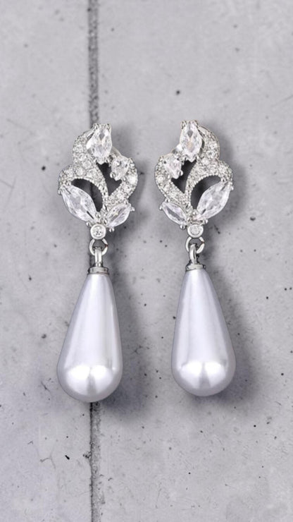 ​Silver Pearl Drop Earrings Bridal Crystal Marquise Flower Wedding Teardrop Gift