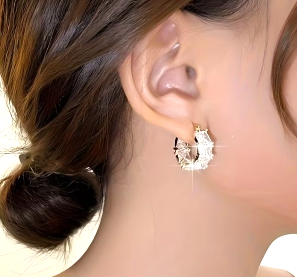 Gold Chunky Hoop Earrings Princess Cut Crystal Square Huggie Bridal Prom Gift
