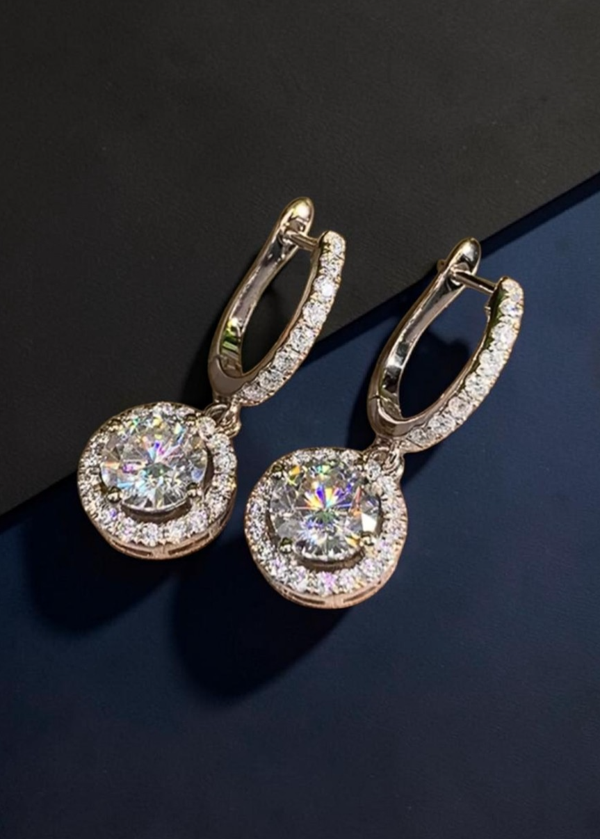 Silver Halo Drop Hoop Earrings Round Cubic Zirconia CZ Leverback Dangle Gift UK