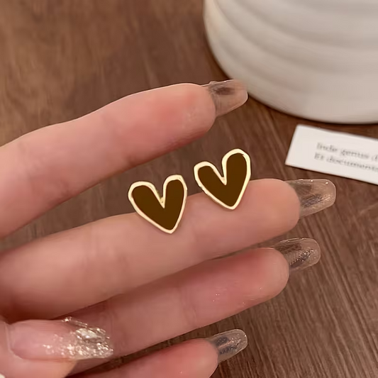 Brown Heart Stud Earrings Gold Tone Irregular Enamel Jewellery Gift