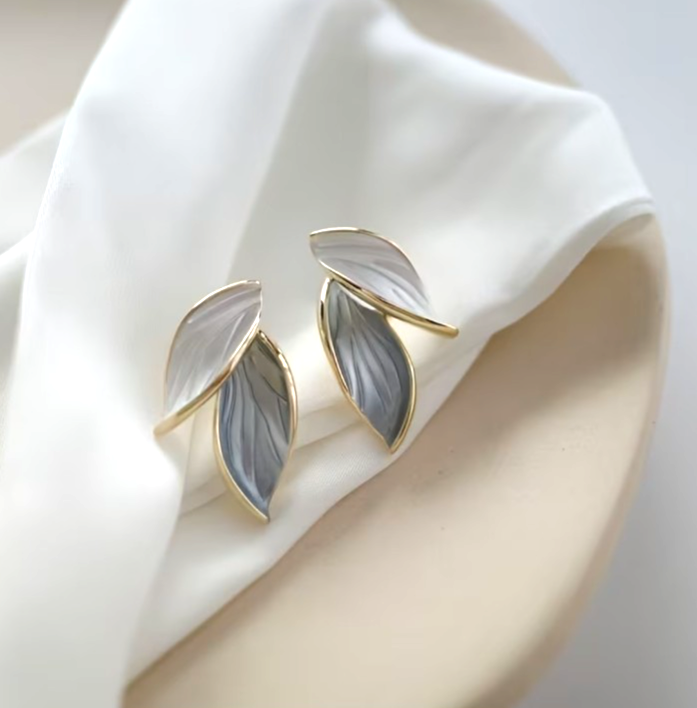 ​Gold Enamel Leaf Earrings Minimalist Contrasting Grey White Plant Studs Gift
