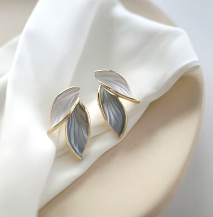 ​Gold Enamel Leaf Earrings Minimalist Contrasting Grey White Plant Studs Gift