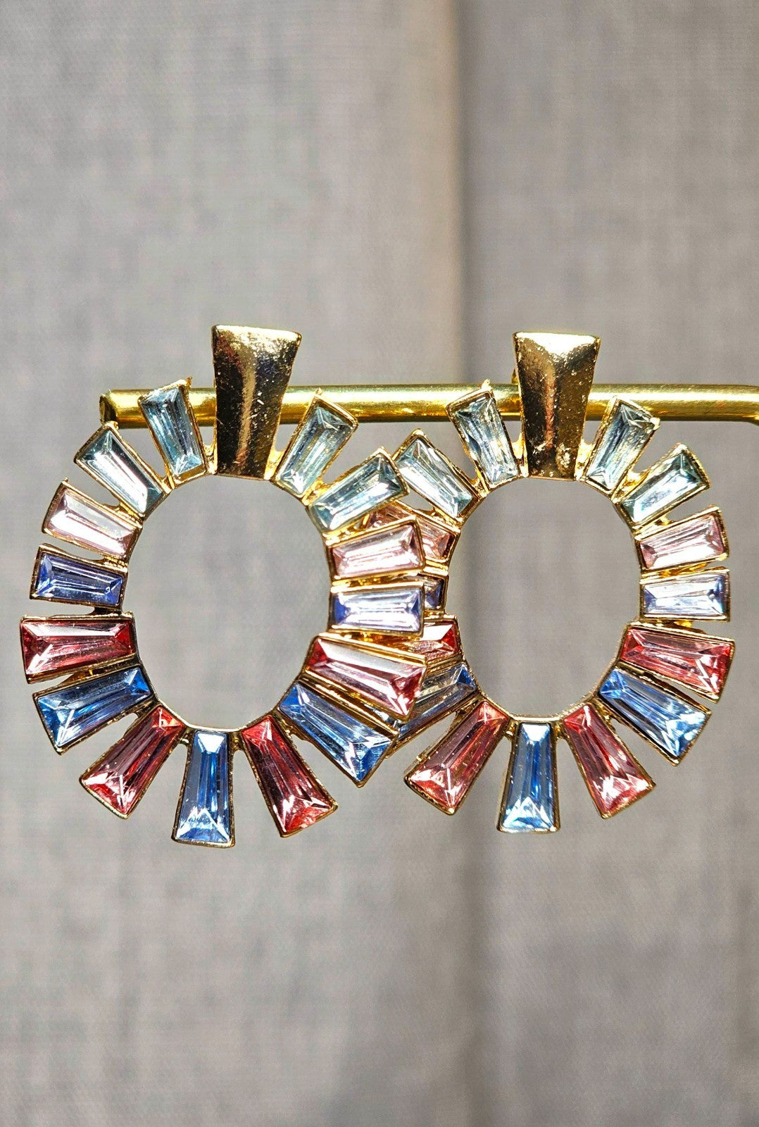GoldTone Sunburst Circle Earrings Pastel Baguette Crystal Statement Boho Vintage