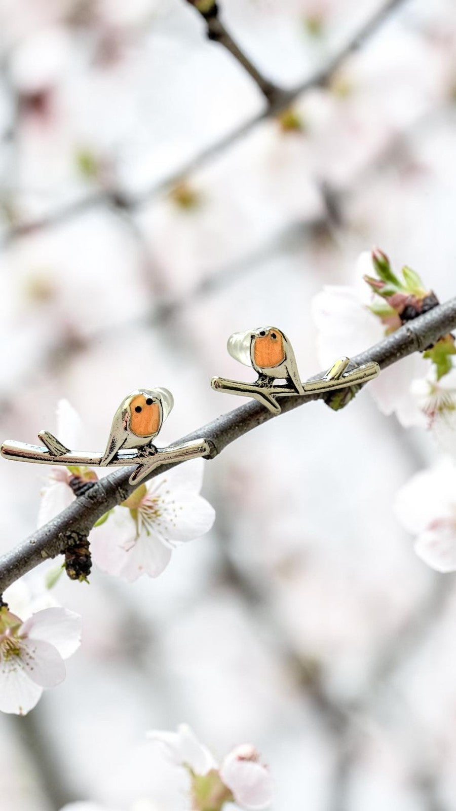 ​Silver Robin Bird Stud Earrings Redbreast Climber Ear Crawlers Cute Wildlife