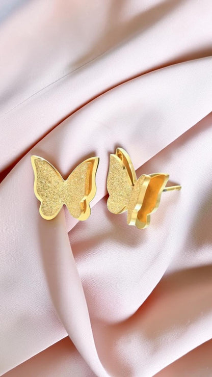 Gold Plated Stainless Steel Butterfly Stud Earrings Layered Frosted Glitter UK