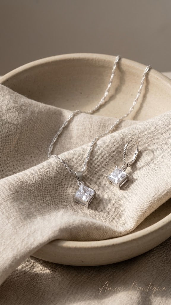 925 Sterling Silver Square Crystal Necklace & Earrings Set | CZ Pendant Jewelry Set | Wedding Bridal Jewelry Set