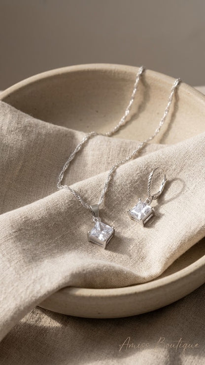 925 Sterling Silver Square Crystal Necklace & Earrings Set | CZ Pendant Jewelry Set | Wedding Bridal Jewelry Set