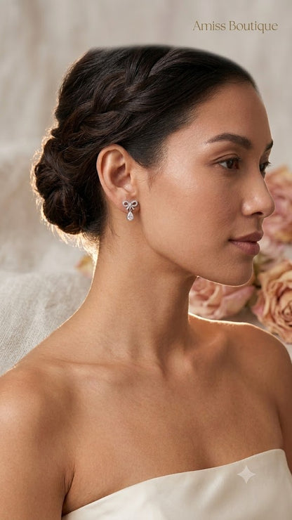 925 Sterling Silver Bow Earrings | Crystal Teardrop Drop Earrings | Elegant Bridal Stud Earrings